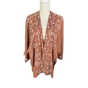 NWT J. Jill Embroidered Kimono Cardigan Women's One Size Brown Boho Hippie
